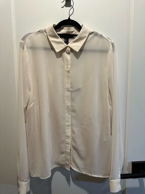 Forever 21 Cream Long Sleeve Sheer Button-Up Blouse